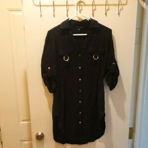 Black Button-Up Long Blouse with Gold Accents